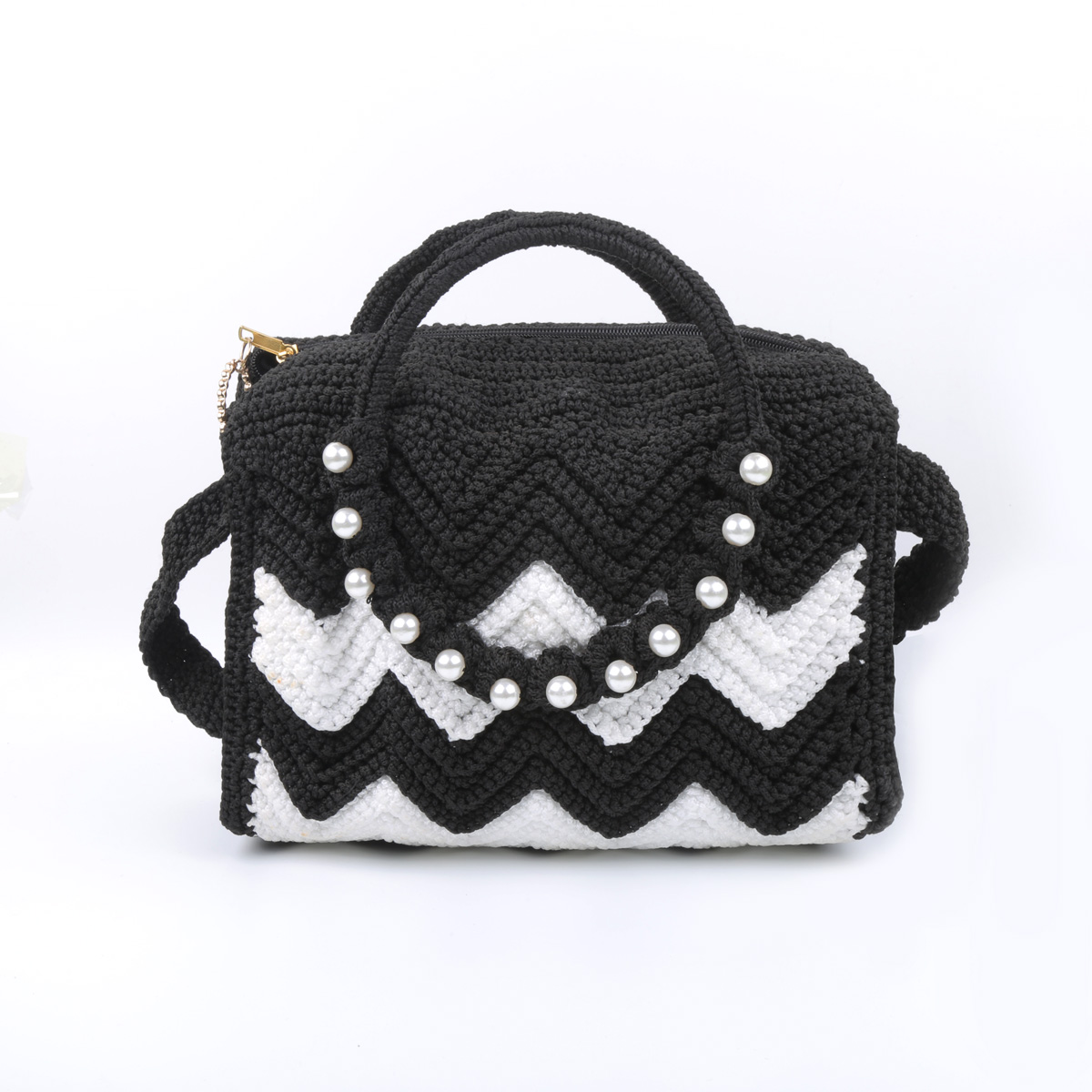 Black & White Zig Zag Baguette Bag | White Pearl Embroidered Bag