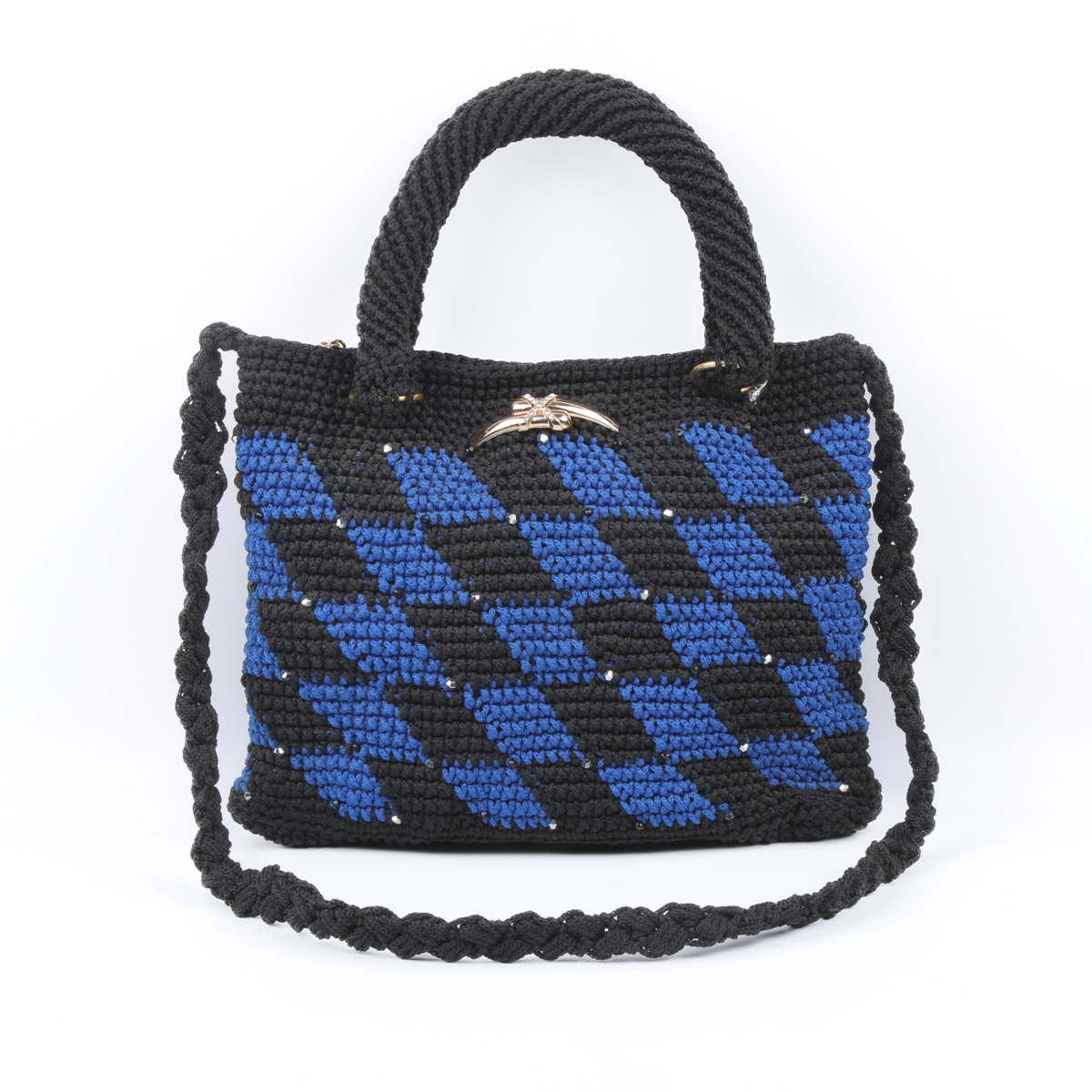 Black Chess Patterned Quilted Bag | White Pearl Embroidered Tote Bag