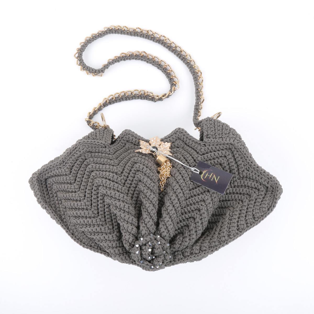 Gray Star Fish Handbag | Pearl Embroidered Zipped Purse