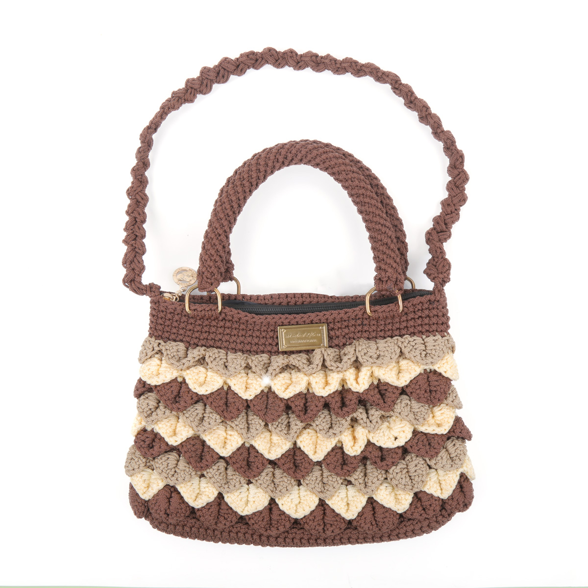 Brown & Cream Shoulder Bag | Hand Knitted Baguette Bag