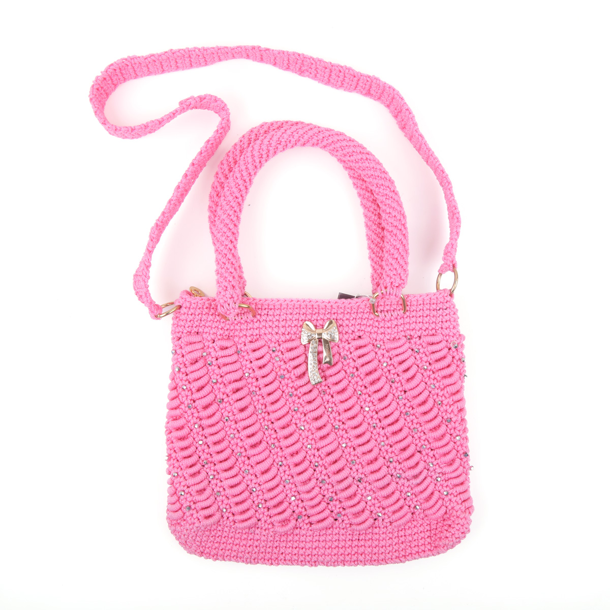 Pink Hand-knitted Birkin Zipped Bag | Knitted Strap Quilted Bag