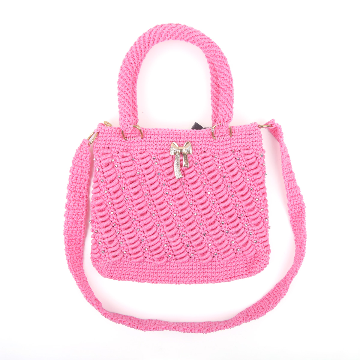 Pink Hand-knitted Birkin Zipped Bag | Knitted Strap Quilted Bag
