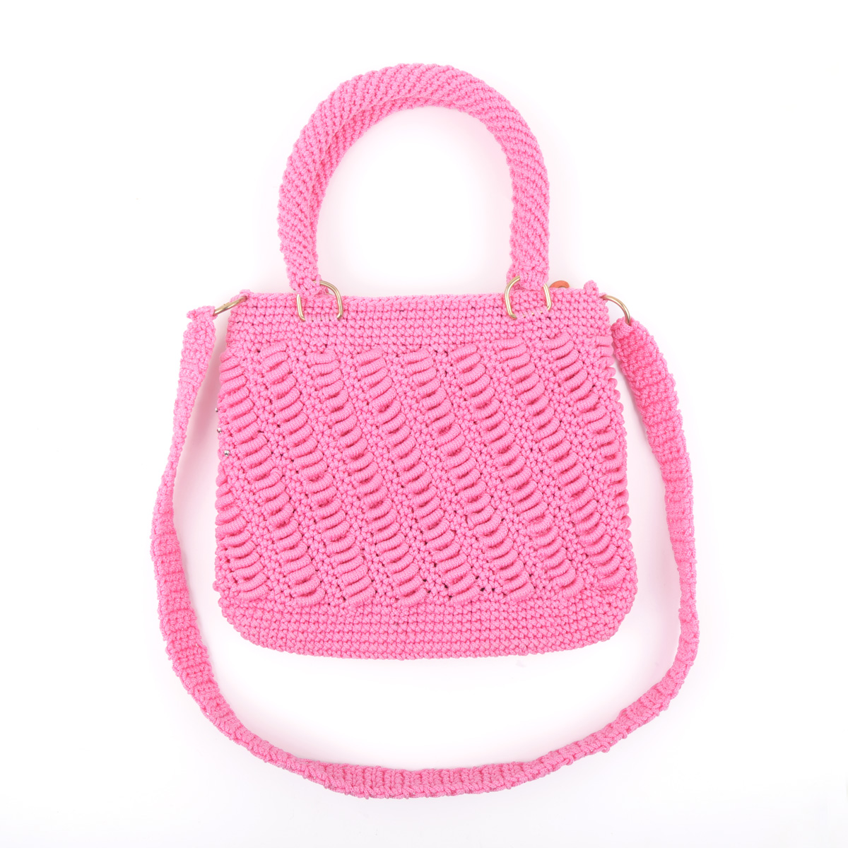 Pink Hand-knitted Birkin Zipped Bag | Knitted Strap Quilted Bag