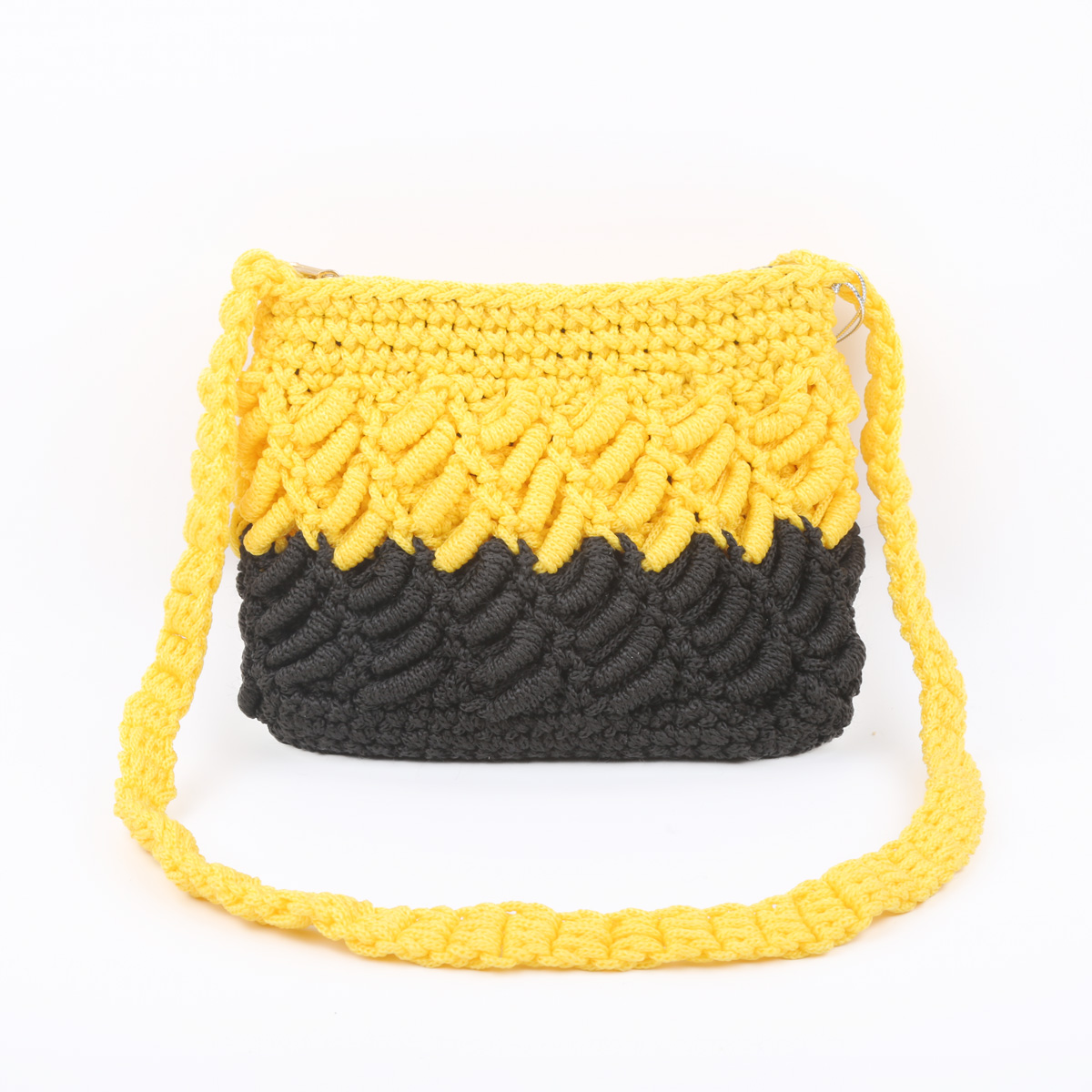 Yellow & Black Flat Shoulder Bag | Hand Knitted Quilted Bag