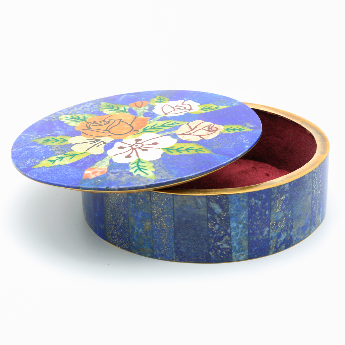 Circular Handmade Jewelry Box | Blue Lapis Jewelry Box With Floral Paint