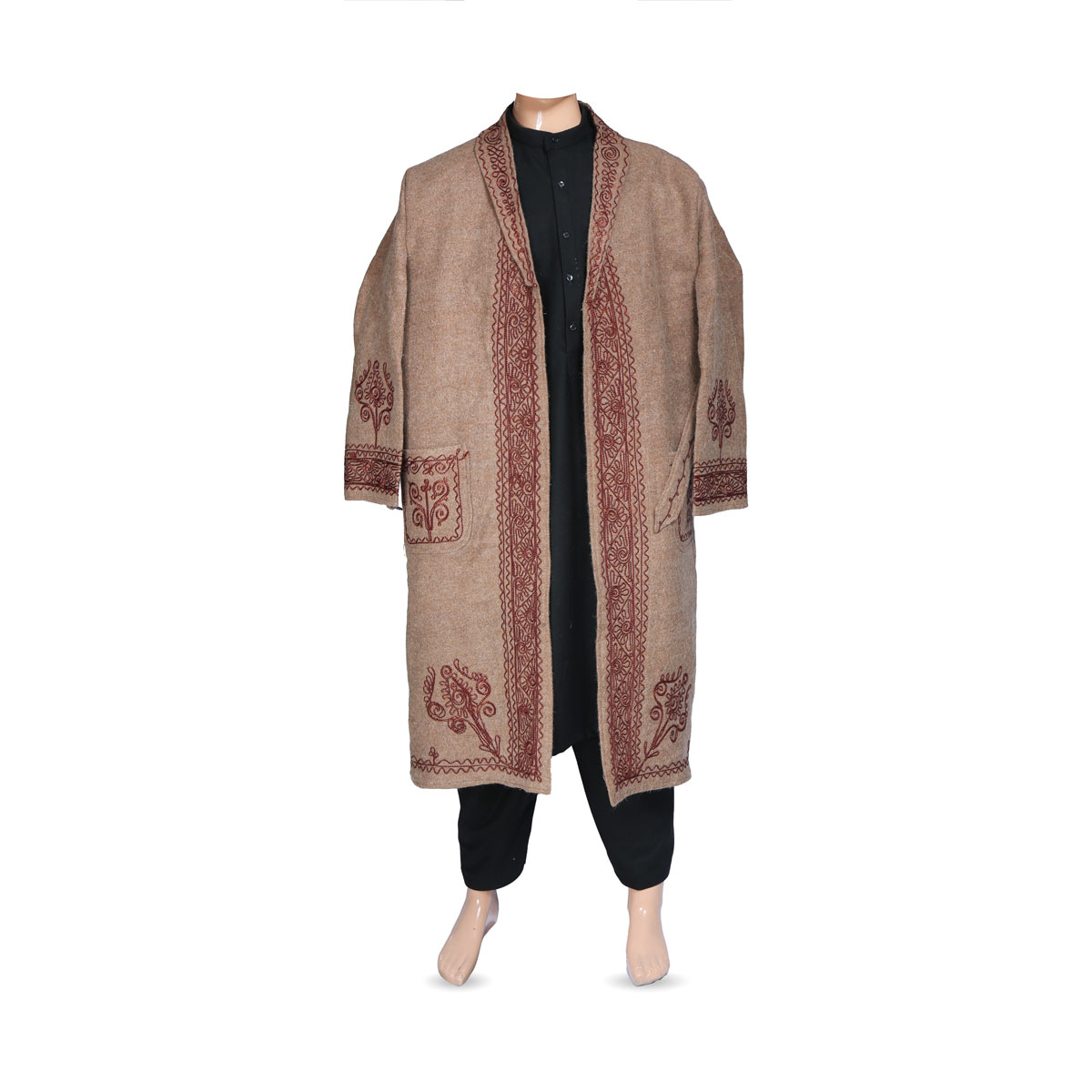 Brown Nuristani Embroidered Long Coat | Traditional Casual Wear Coat