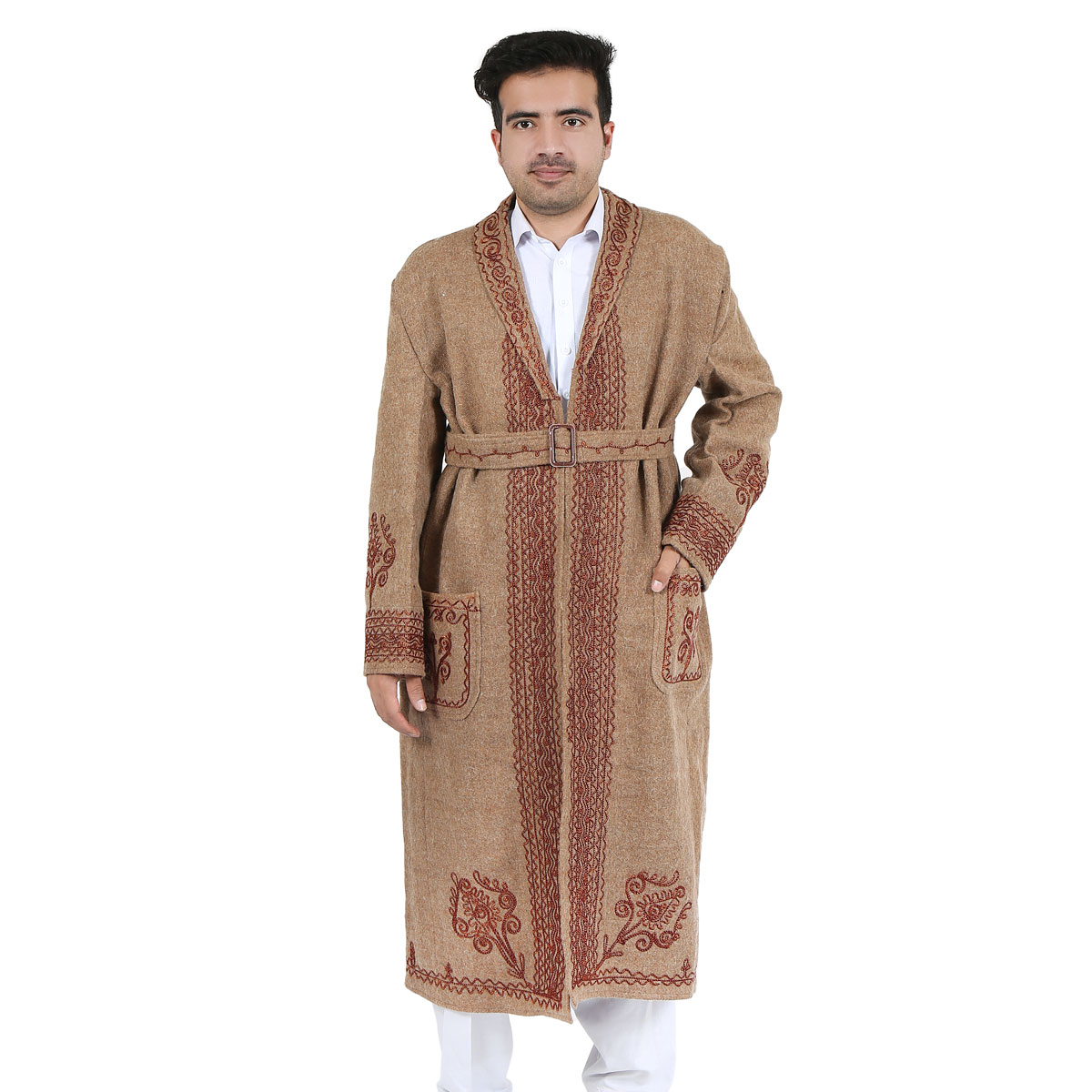 Brown Nuristani Handwoven Long Chapan | Woolen Winter Wear Chapan