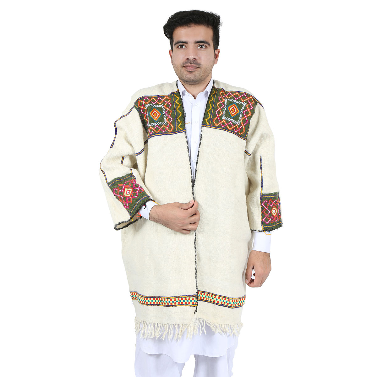 Cream Nuristani Handwoven Short  Chapan | Woolen Winter Wear Chapan
