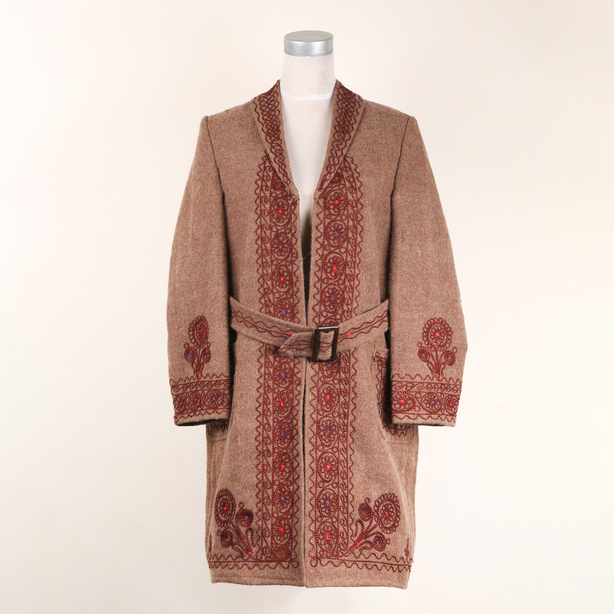 Hand Embroidered Belted Coat | Woolen Brown Coat