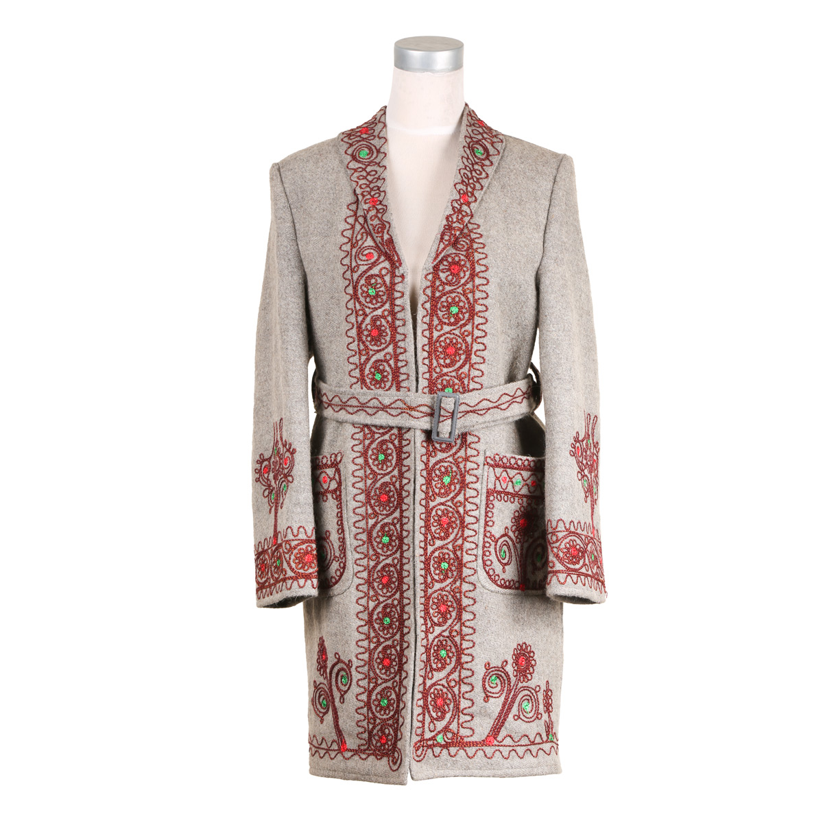 Off-White Embroidered Coat | Belted Woolen Handmade Coat 