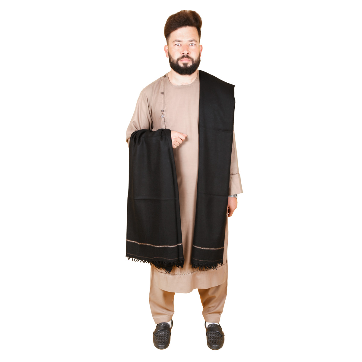 Pato | Handmade Men's Shawl | Black Woolen Winter Pato |Hand-Stitched