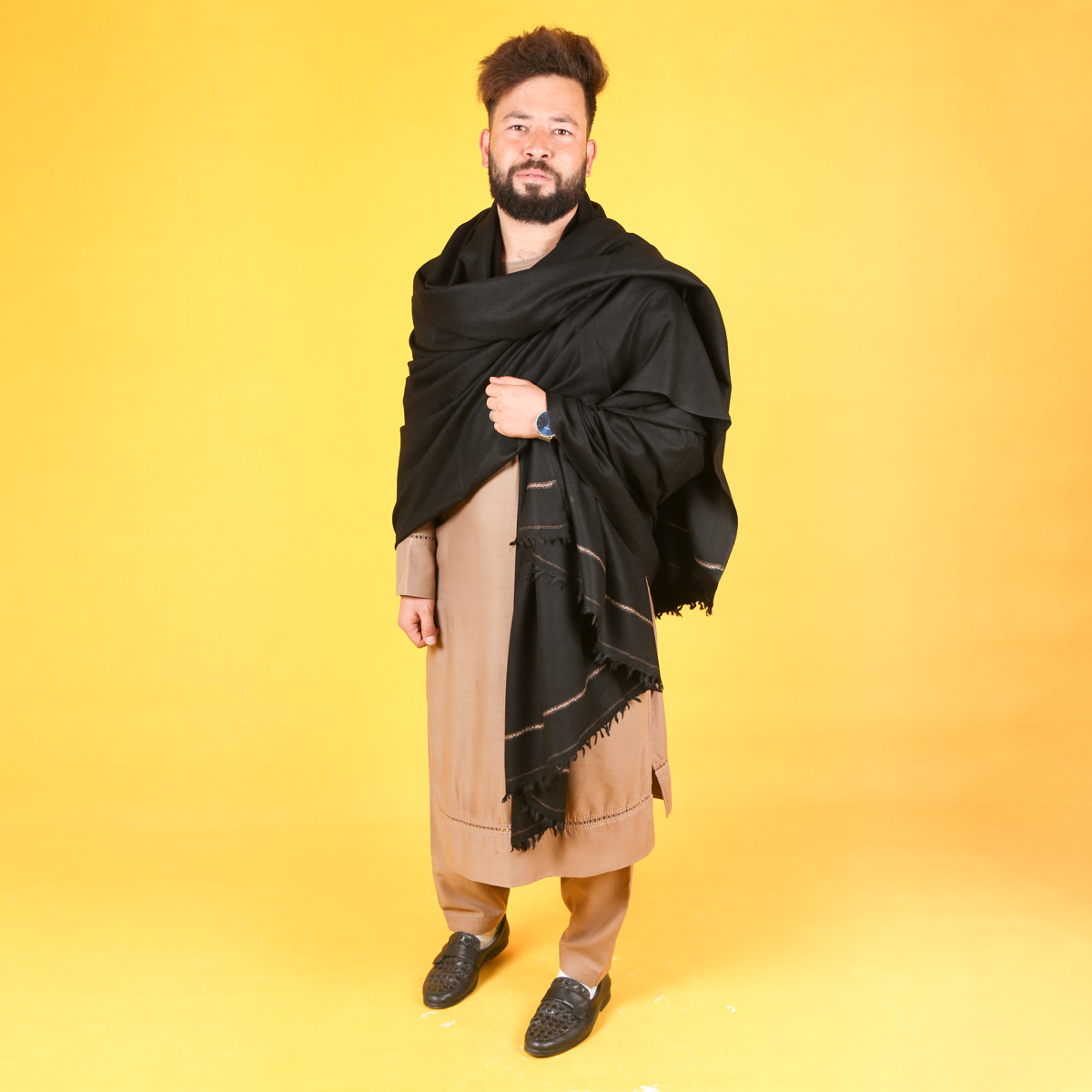 Pato | Handmade Men's Shawl | Black Woolen Winter Pato |Hand-Stitched
