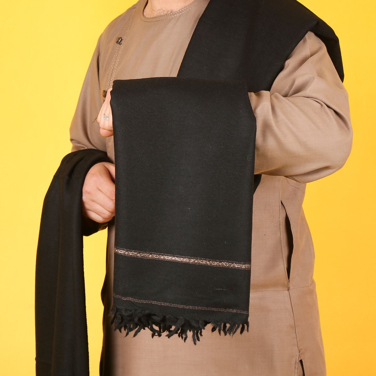 Pato | Handmade Men's Shawl | Black Woolen Winter Pato |Hand-Stitched