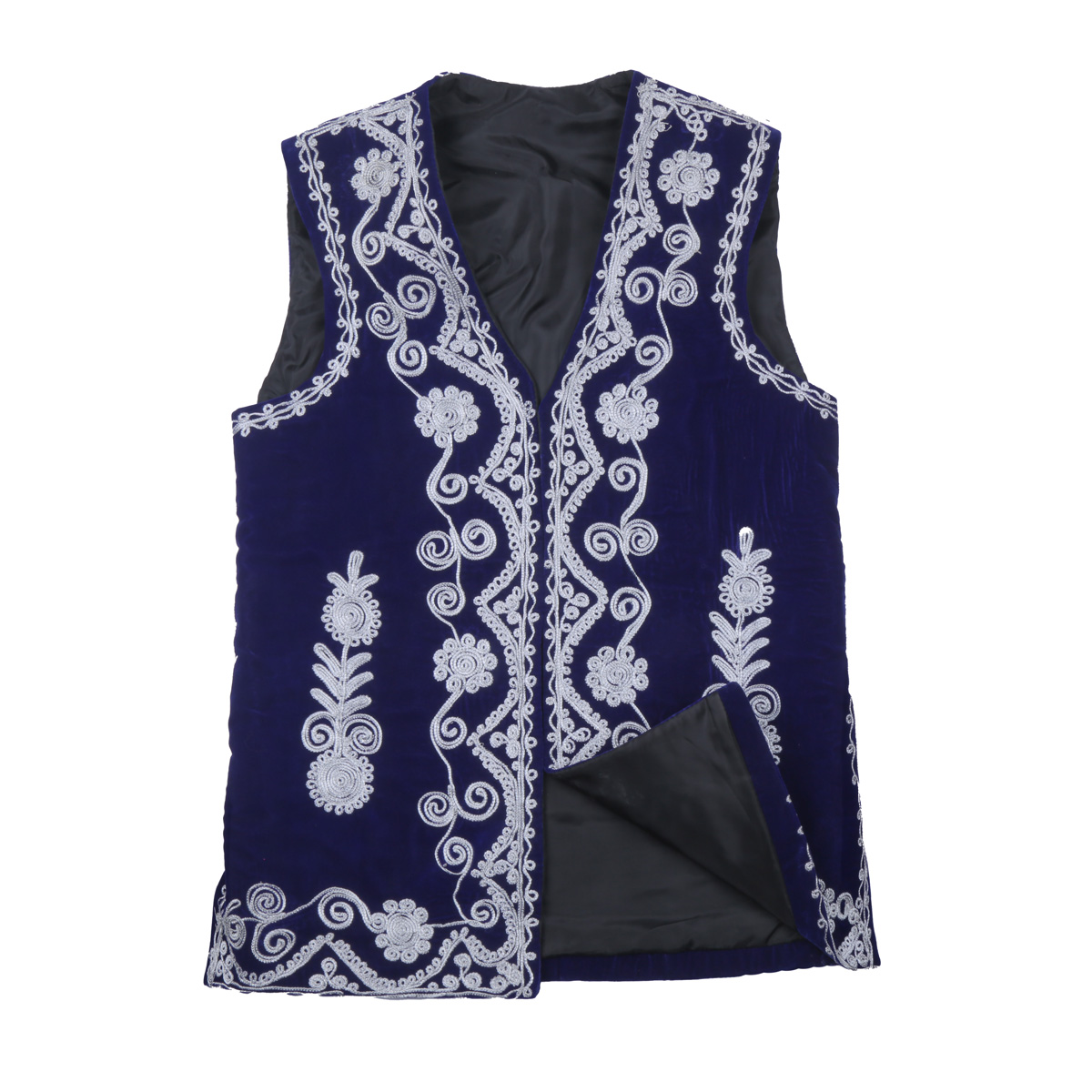 Navy Blue Cherma Embroidered Nuristani Waistcoat | Silk Velvet Party Wear Vest 