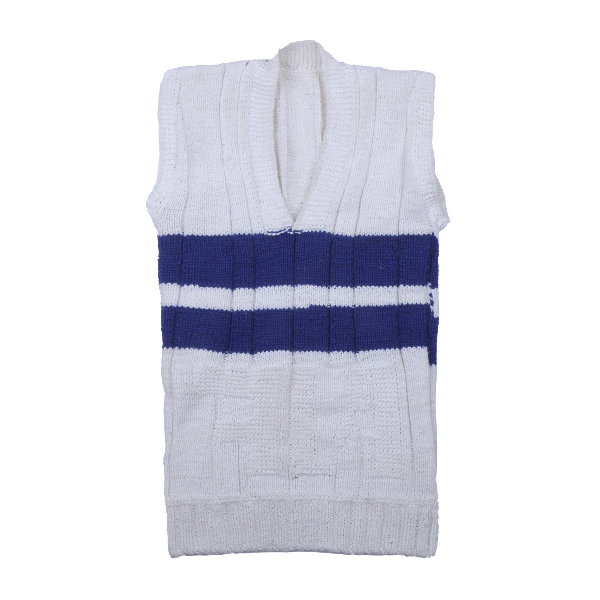 White Men's Hand-Knitted Jacket | Sleeveless Blue Striped Sweater
