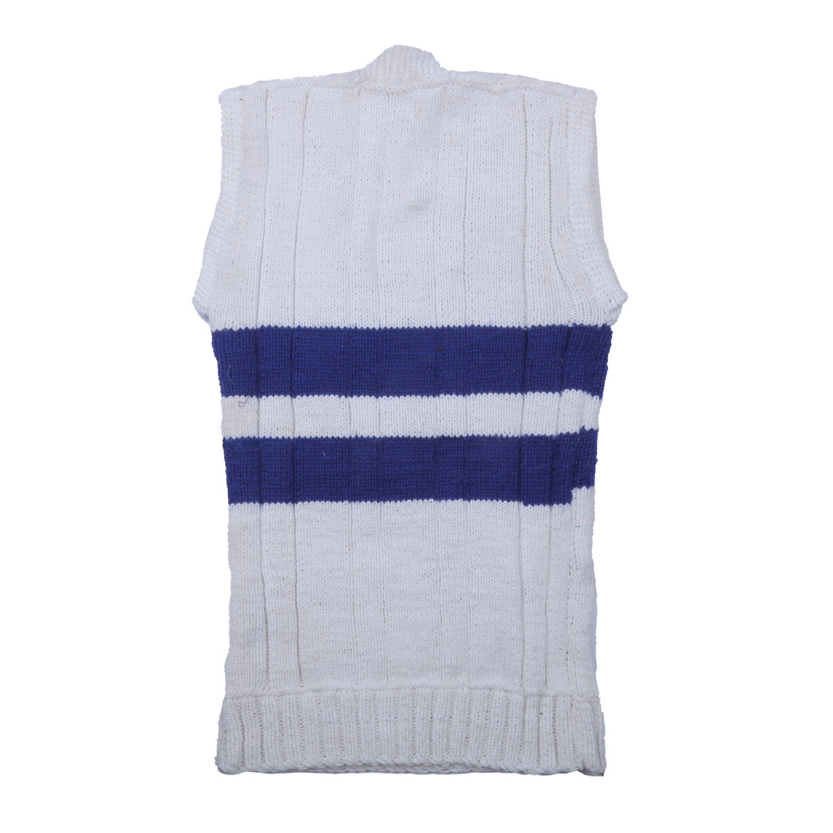 White Men's Hand-Knitted Jacket | Sleeveless Blue Striped Sweater