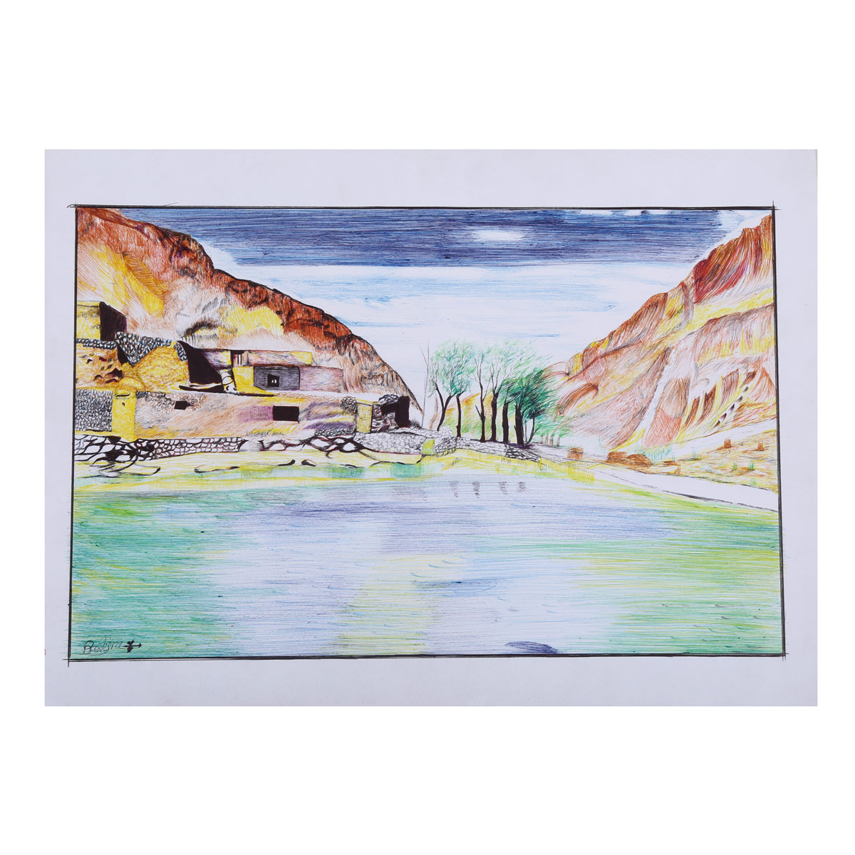 Rural Life Pencil Color Artwork | Mountainous Village Landscape Painting