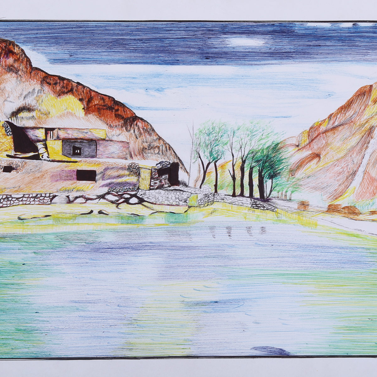 Rural Life Pencil Color Artwork | Mountainous Village Landscape Painting