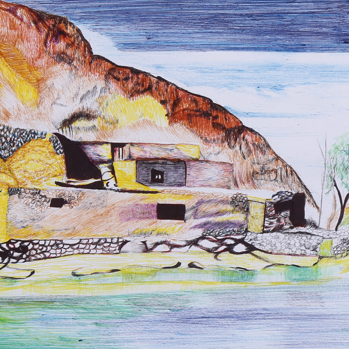 Rural Life Pencil Color Artwork | Mountainous Village Landscape Painting
