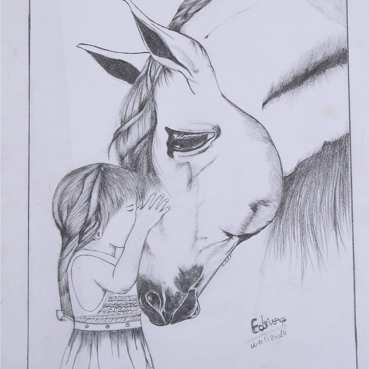 Girl with Her Horse Sketch Work | Pencil Wall Artwork