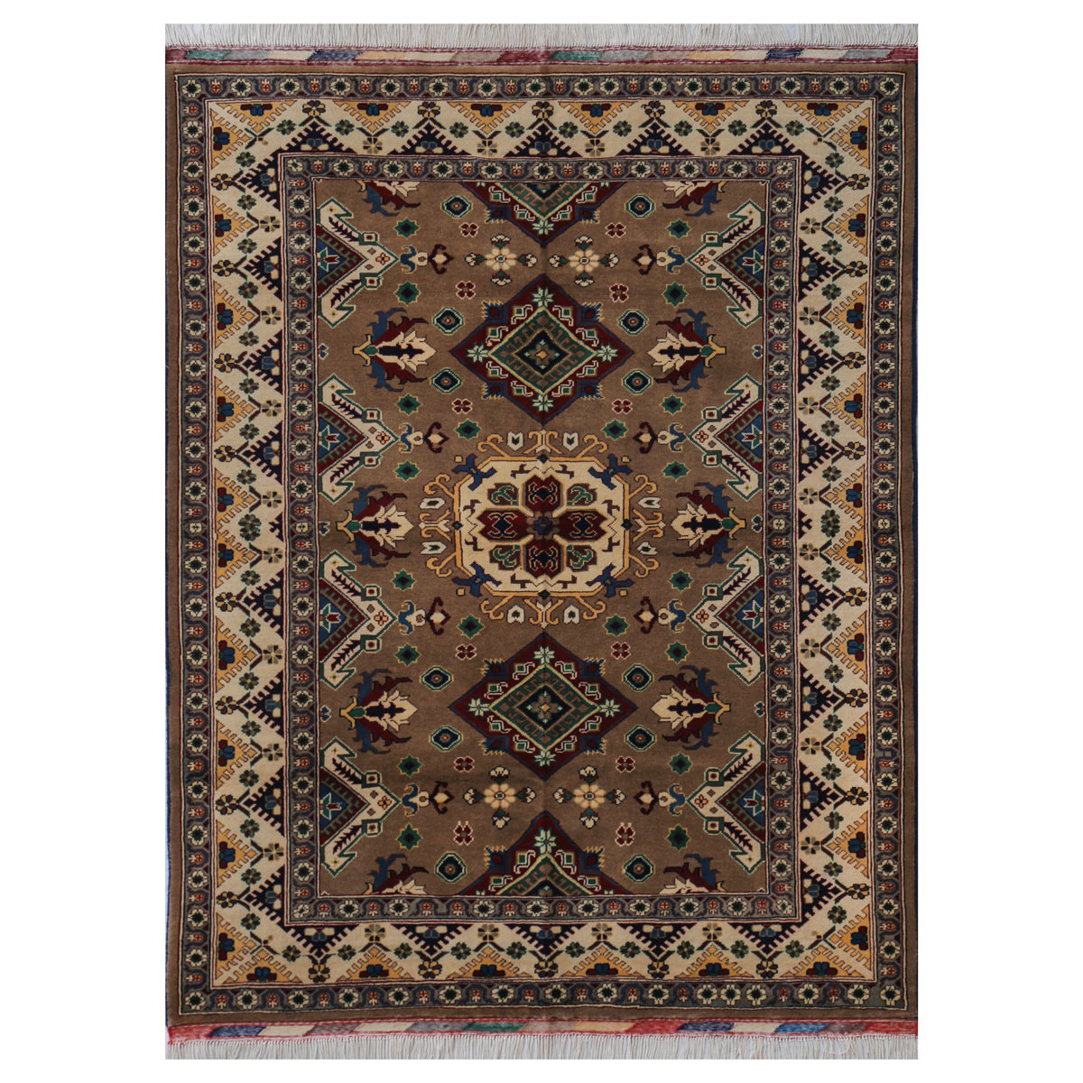 Brown Qazaq Design Handwoven Carpet | 6' 7" X 5' 1"