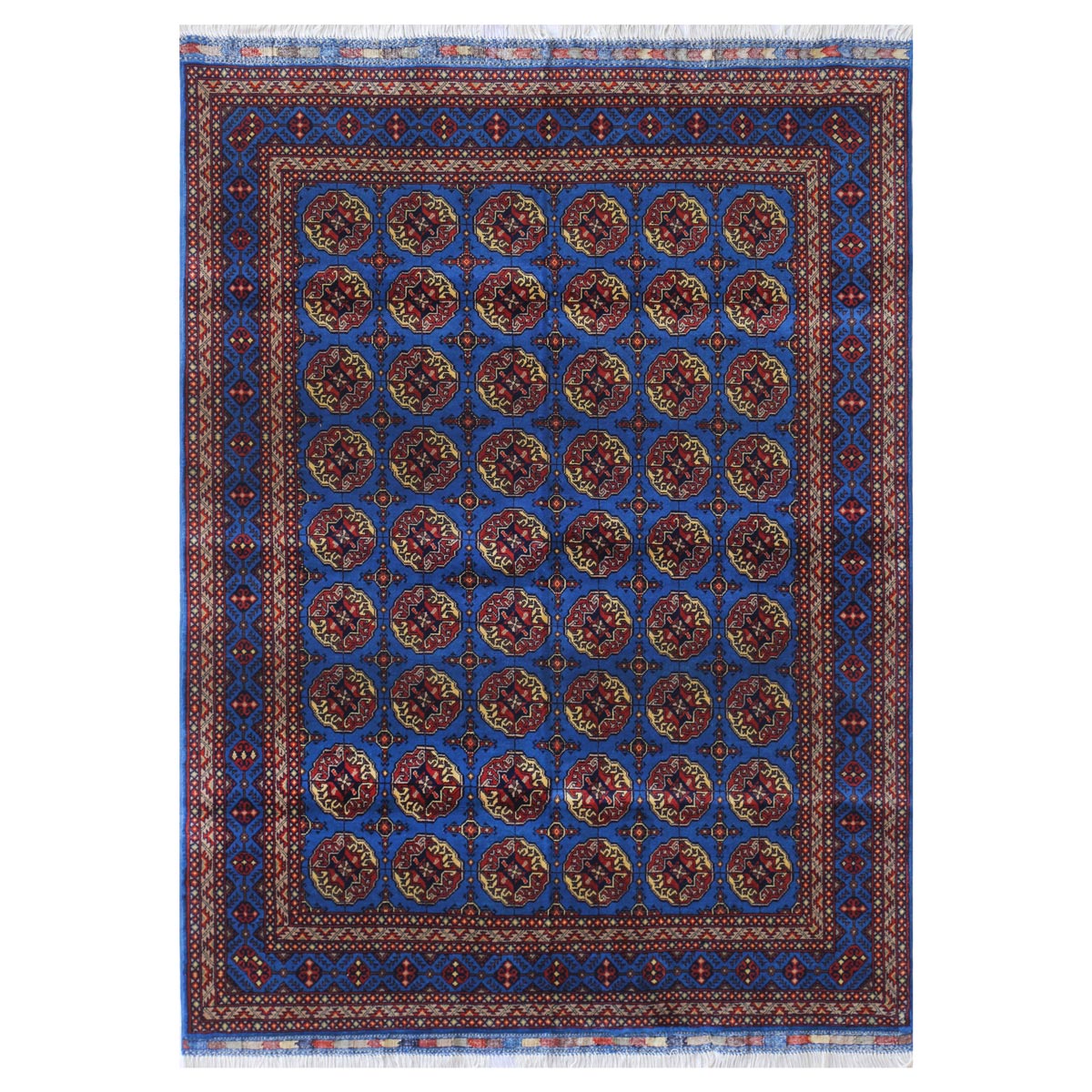 Blue Ahal Gul Design Handwoven Carpet | 6' 8" X 5' 0"
