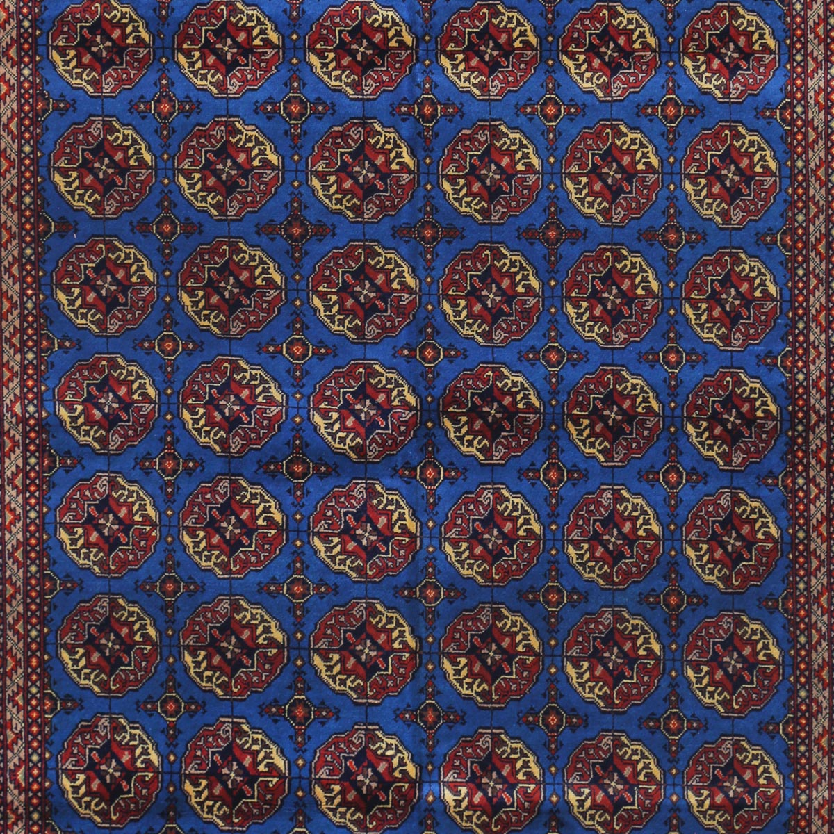Blue Ahal Gul Design Handwoven Carpet | 6' 8" X 5' 0"