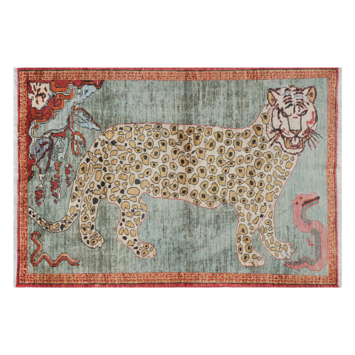 Teal Leopard Pictorial Handwoven Carpet | 5' 9" X 3' 11"