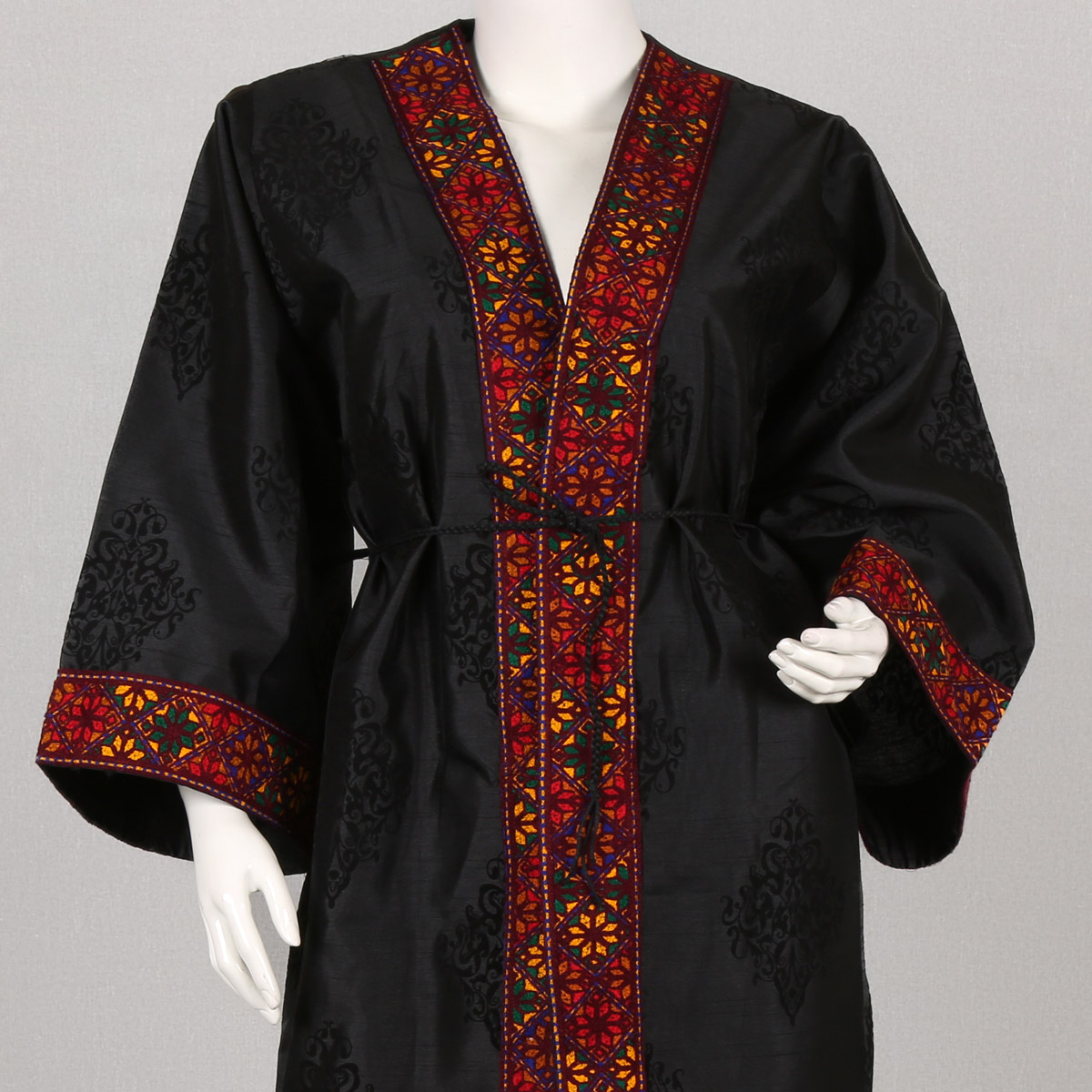Black Cross-Stitch Embroidered Belted Chapan | Velvet Party Wear Cardigan