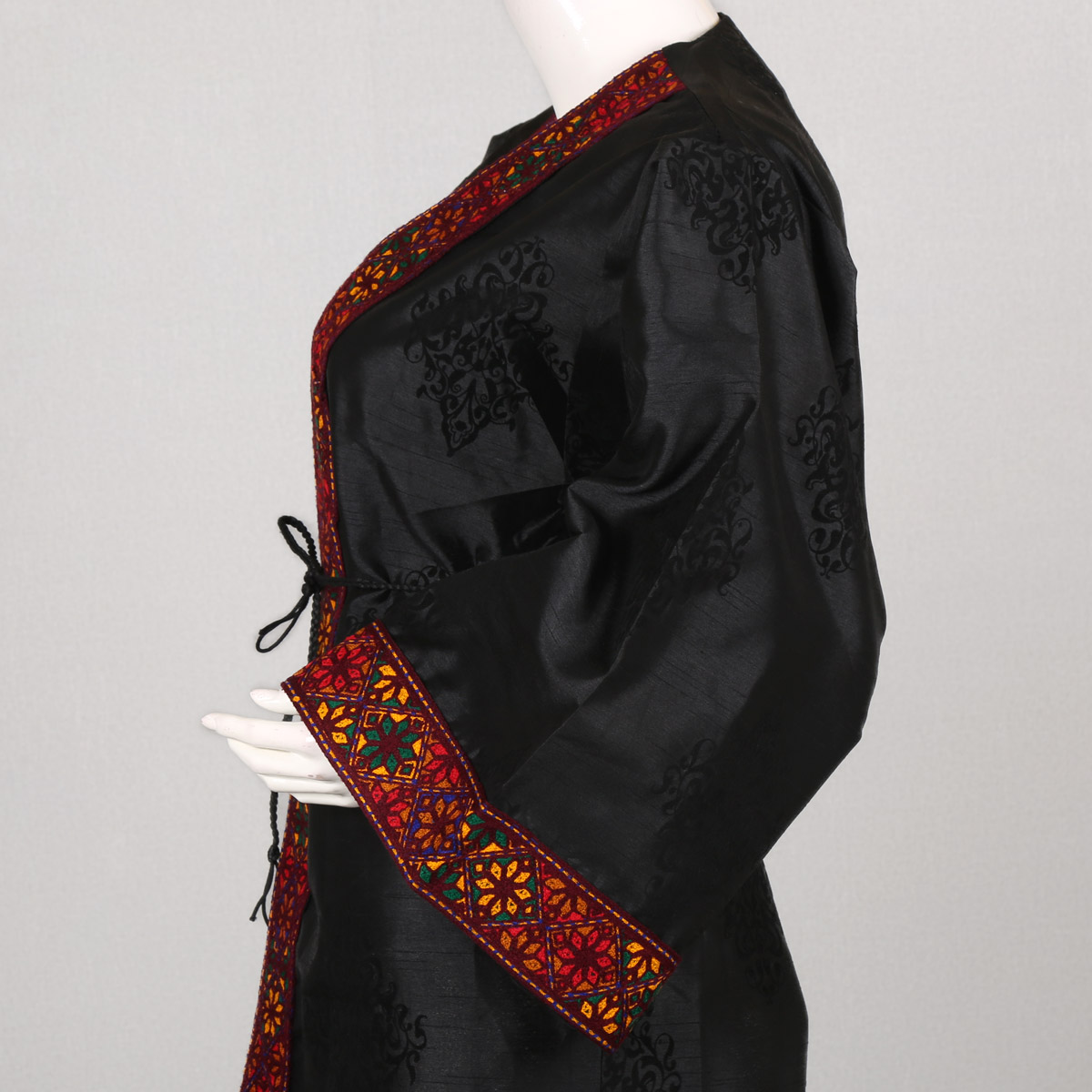 Black Cross-Stitch Embroidered Belted Chapan | Velvet Party Wear Cardigan