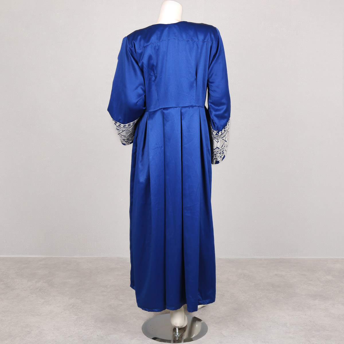 Blue Cherma Embroidered Split Skirt Frock | Silk Satin Pleated Frock
