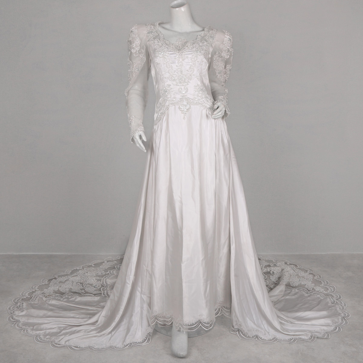 White-Tailed Bridal Gown | Silk Satin Puffed Sleeves Bridal Maxi
