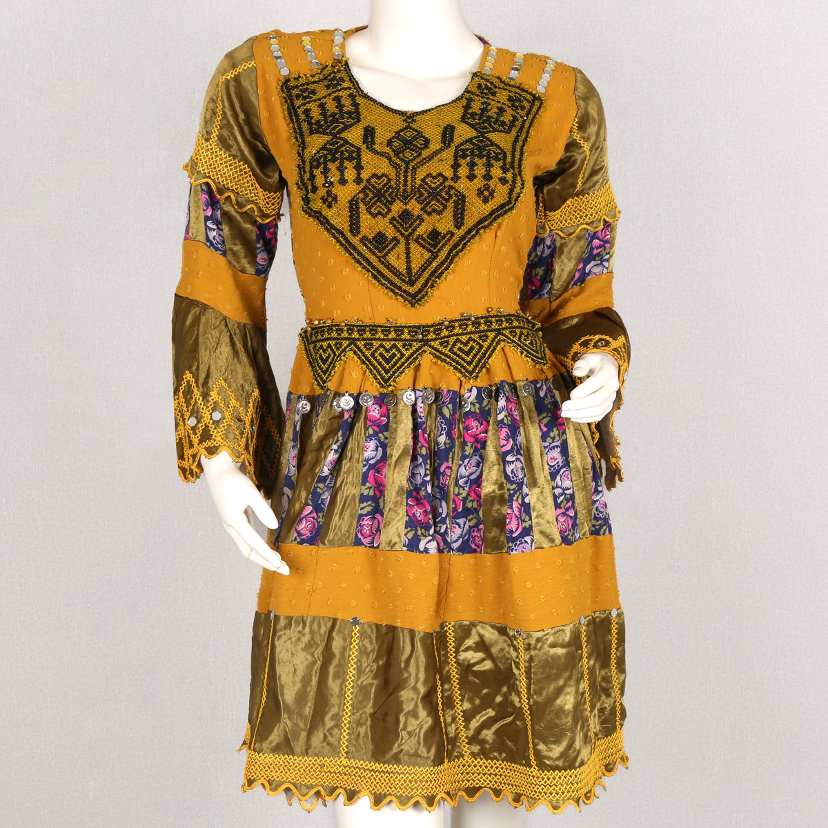 Mustard Box Pleated Short Dress | Cotton Trumpet Sleeves Casual Wear Frock