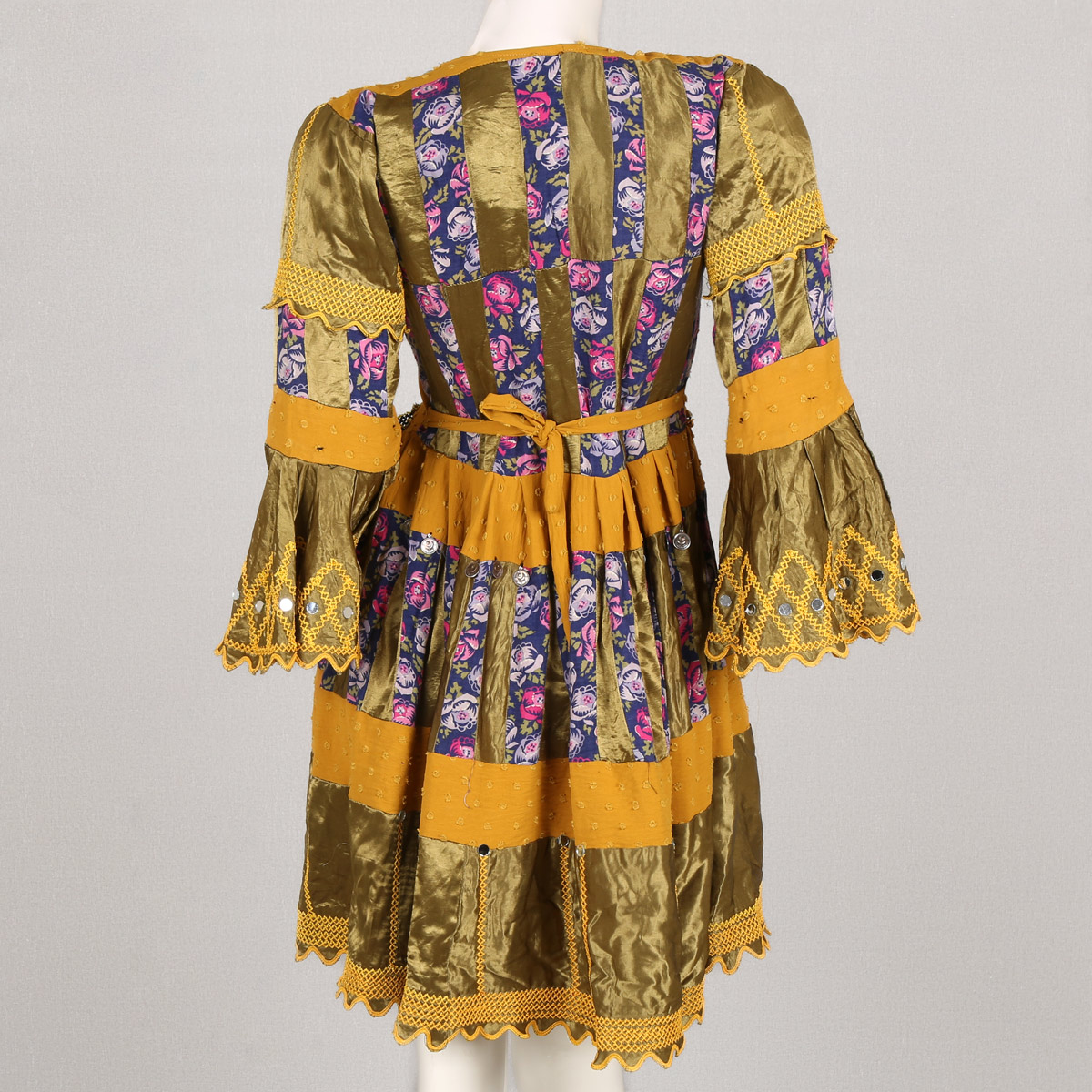 Mustard Box Pleated Short Dress | Cotton Trumpet Sleeves Casual Wear Frock