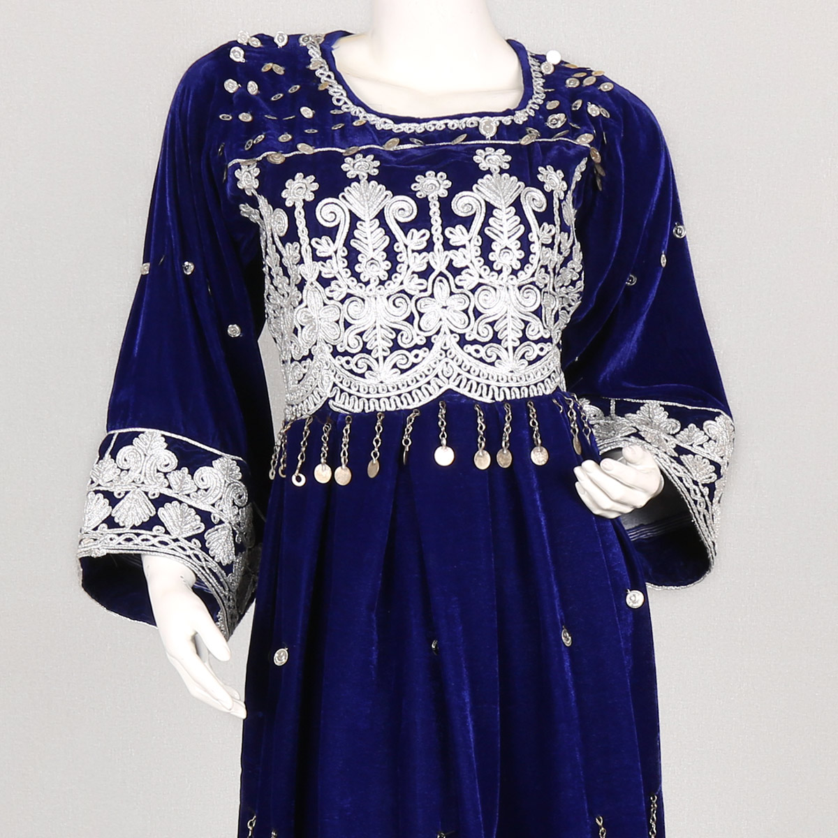 Denim Blue Cherma & Coin Embroidered Dress | Abrishom Silk Balloon Sleeves Long Dress