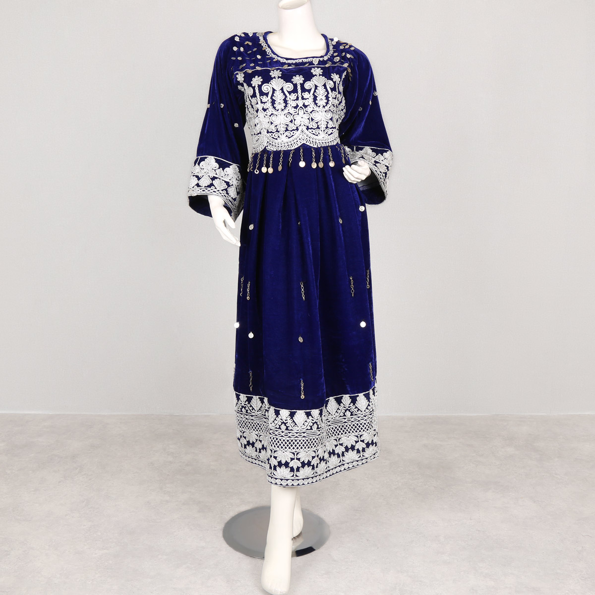 Denim Blue Cherma & Coin Embroidered Dress | Abrishom Silk Balloon Sleeves Long Dress