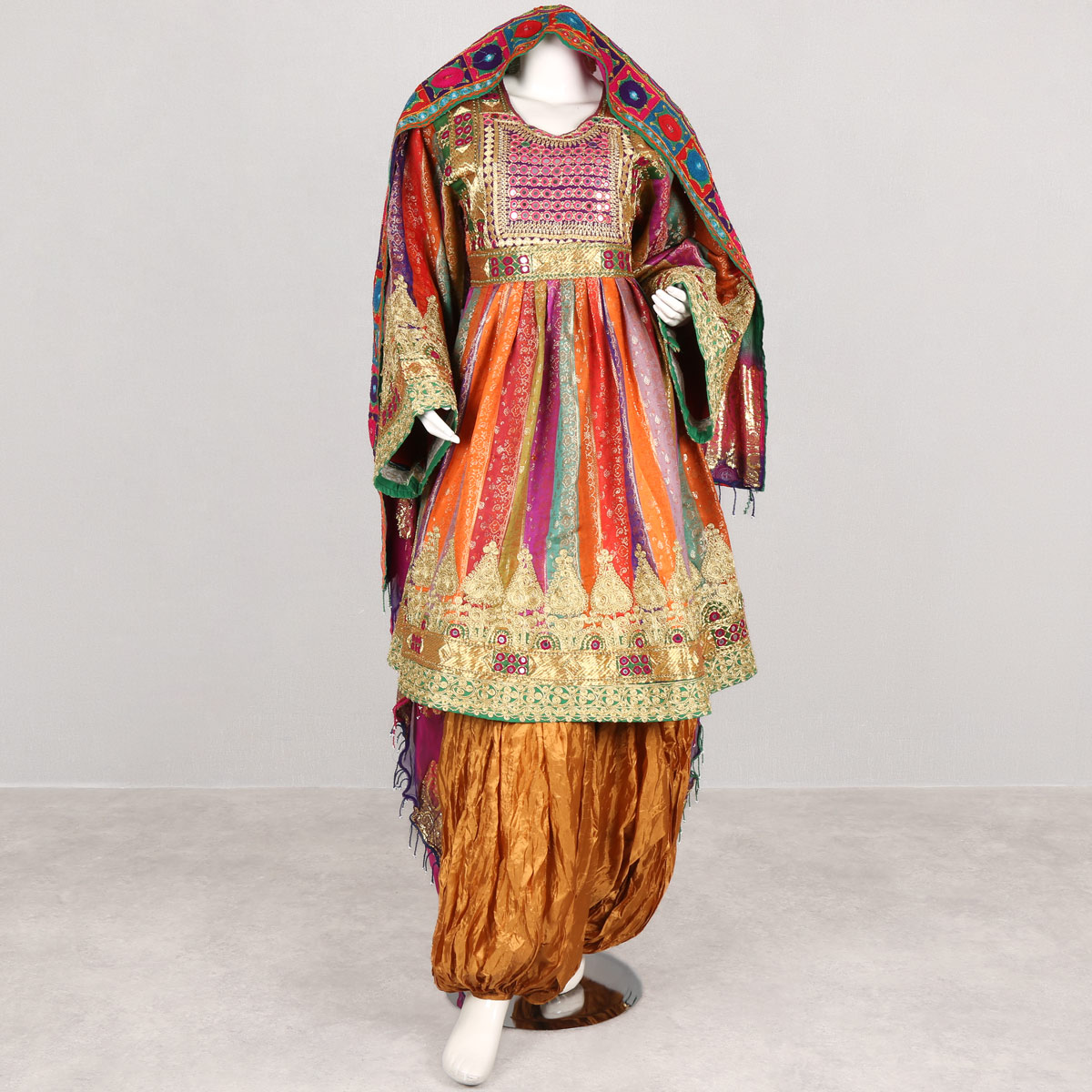 Colorful Full Kochi Embroidered Party Frock | 3 Piece Silk Gandi Afghani