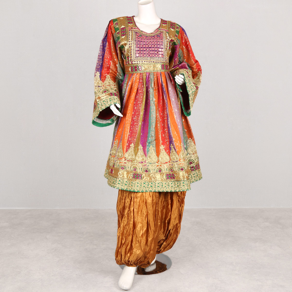 Colorful Full Kochi Embroidered Party Frock | 3 Piece Silk Gandi Afghani