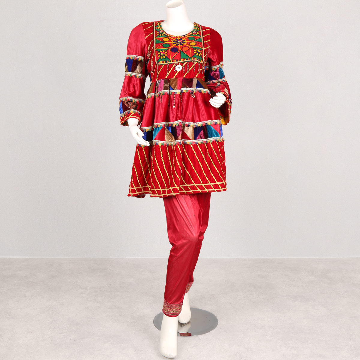 Red Floral Embroidered Short Frock | Velvet Pleated Party Wear Dress