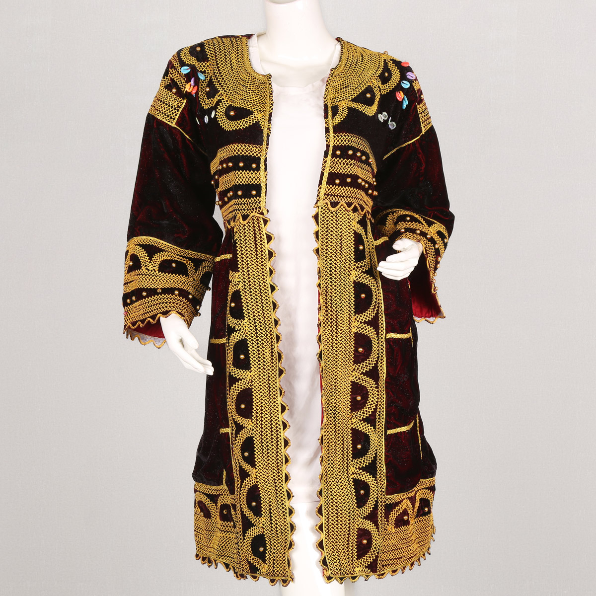Maroon Cherma Embroidered Long Shrug | Velvet Belted Fancy Chapan
