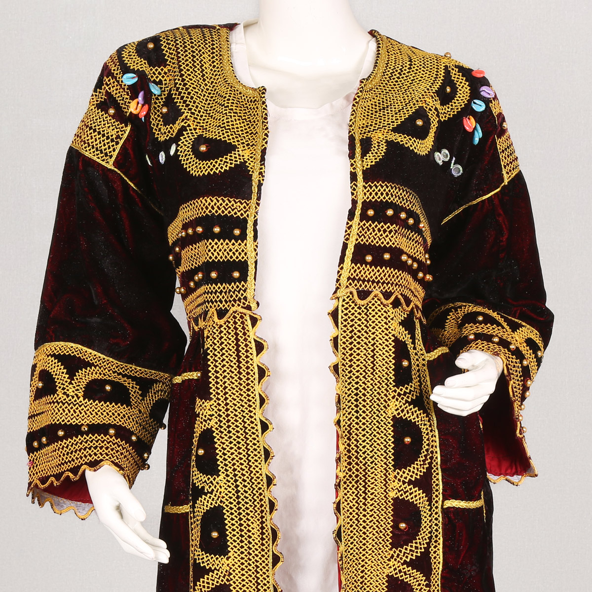 Maroon Cherma Embroidered Long Shrug | Velvet Belted Fancy Chapan