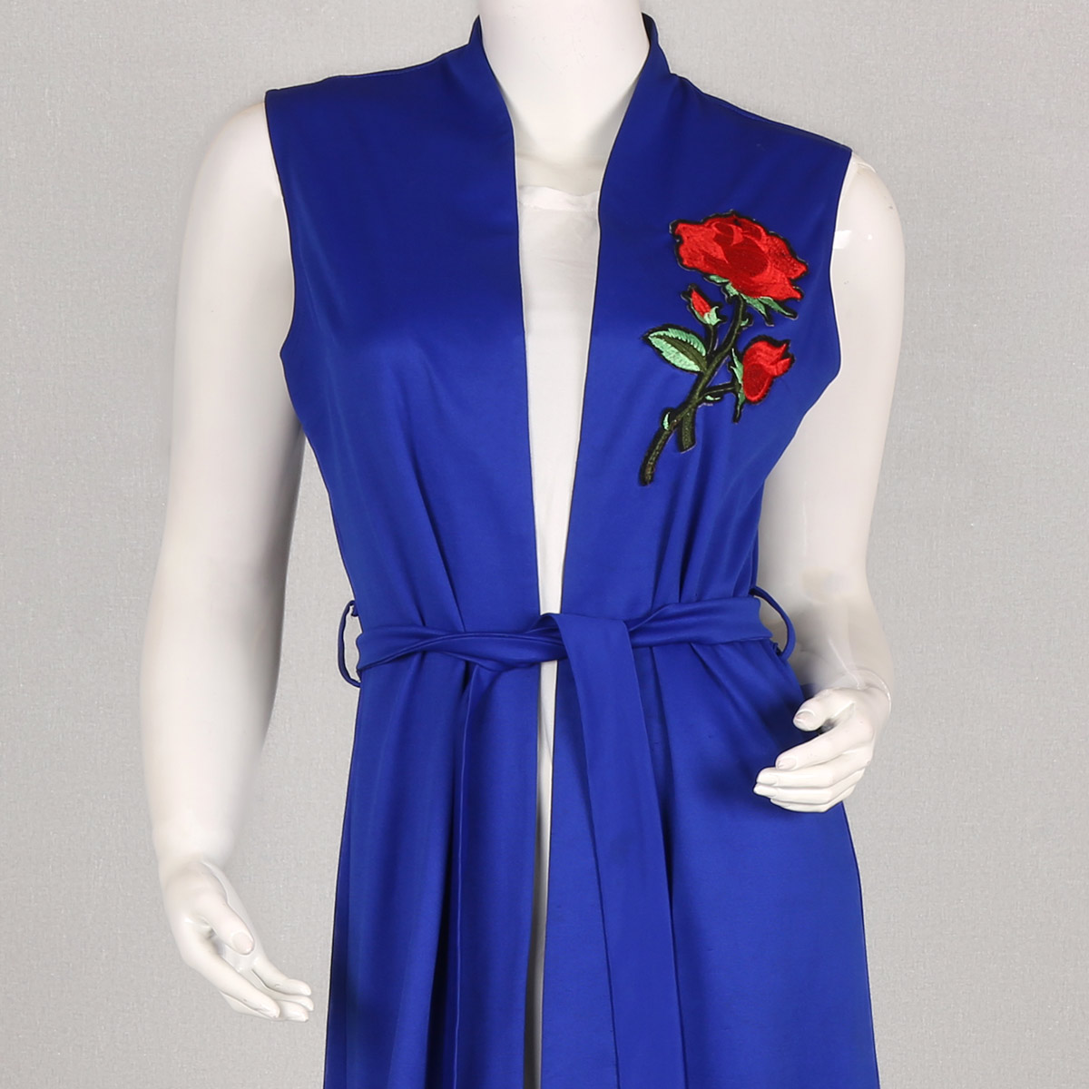 Blue Floral Stitch Collar Shrug | Crepe Sleeveless Belted Long Shrug