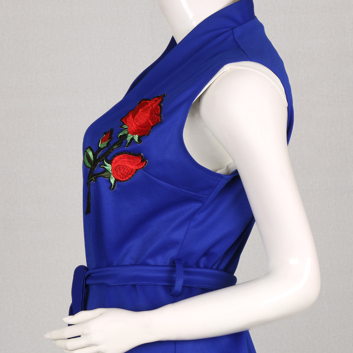 Blue Floral Stitch Collar Shrug | Crepe Sleeveless Belted Long Shrug