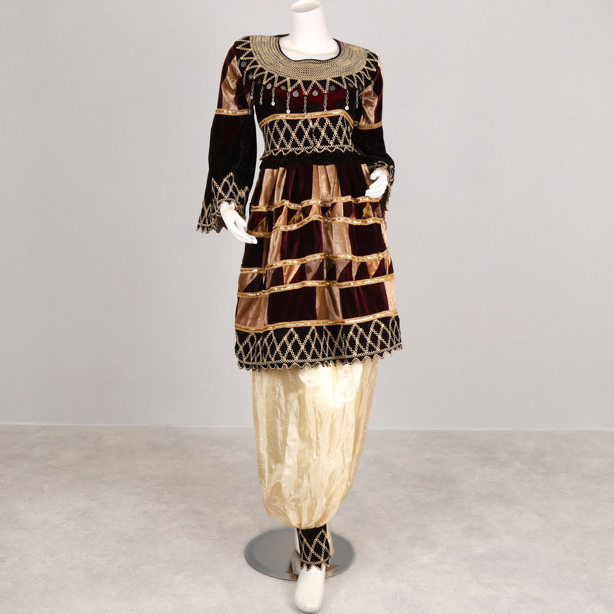 Black Cherma & Coin embroidered Frock | Silk Bell Sleeves Pleated Short Dress