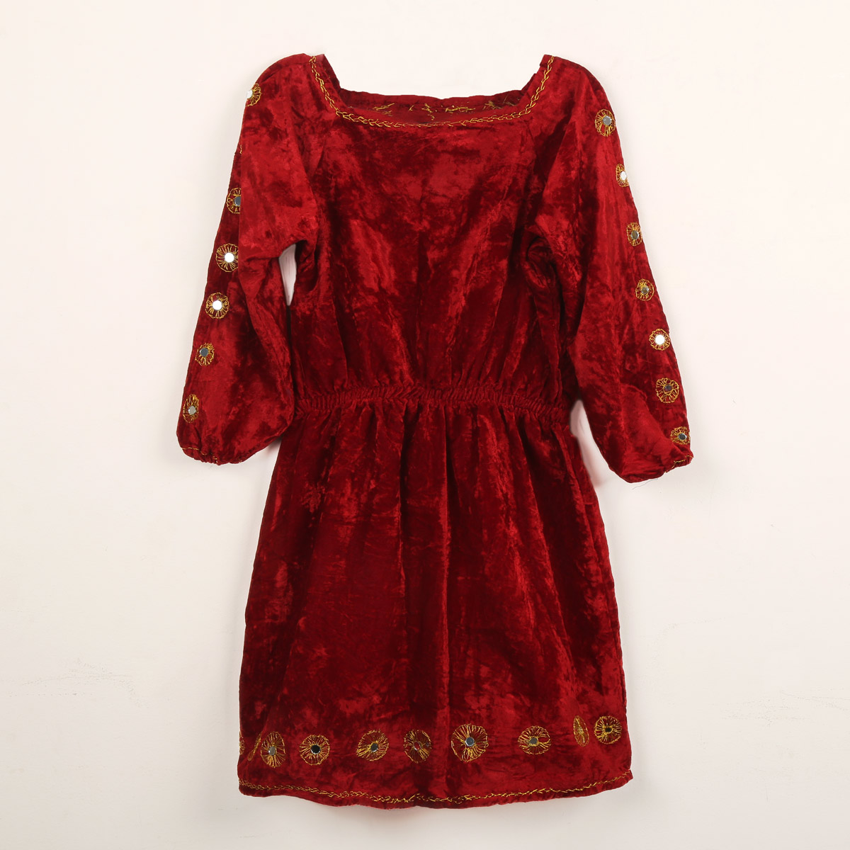 Red Mirror Embroidered Elastic Belted Frock | Velvet Cuff Sleeves Dress