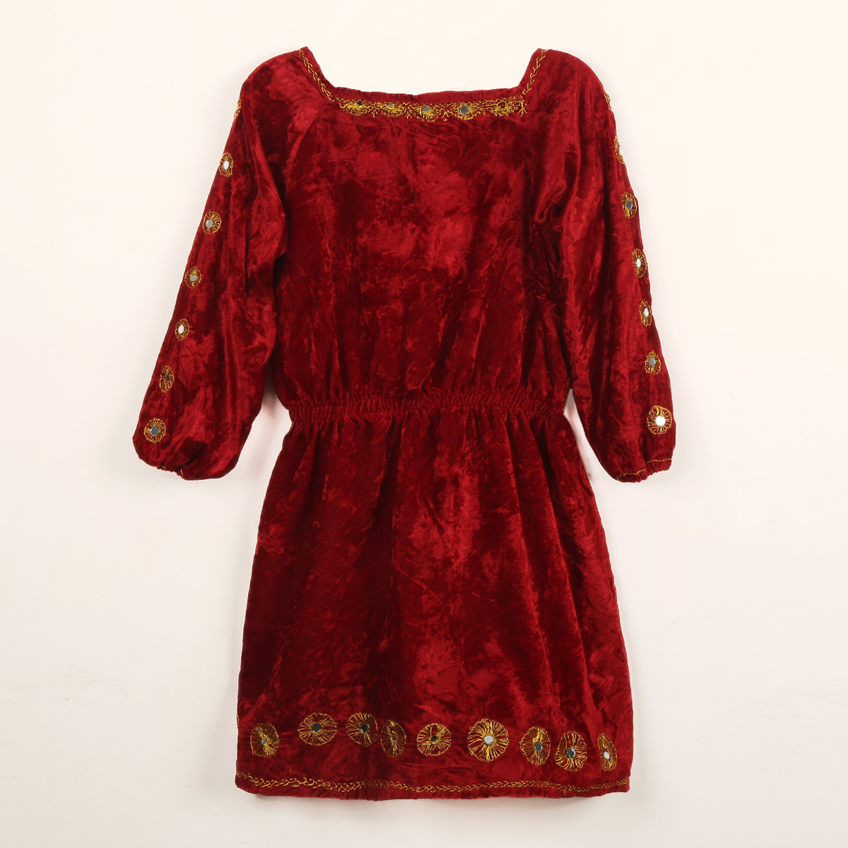 Red Mirror Embroidered Elastic Belted Frock | Velvet Cuff Sleeves Dress