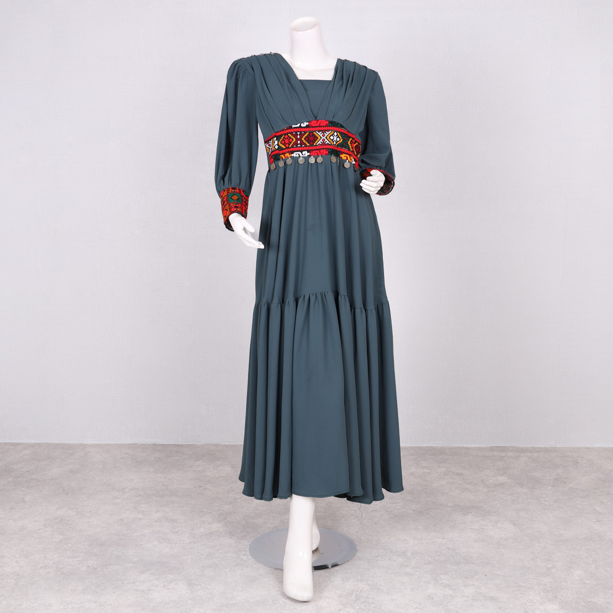 Drop Waisted Fancy Maxi | Stone Blue Embroidered Belted Frock
