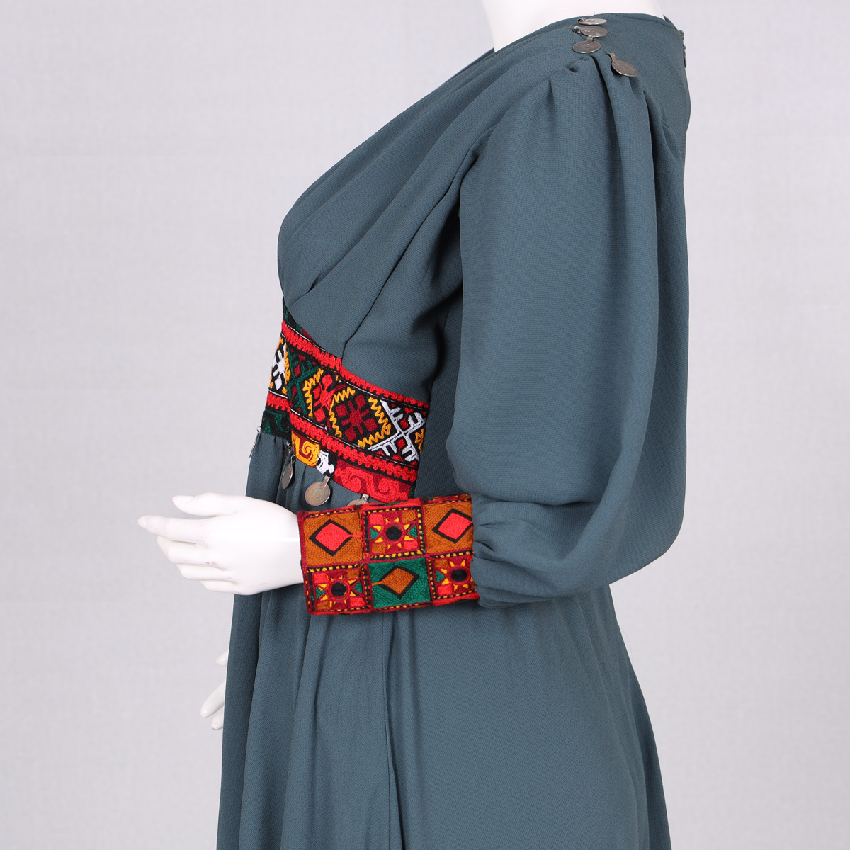 Drop Waisted Fancy Maxi | Stone Blue Embroidered Belted Frock