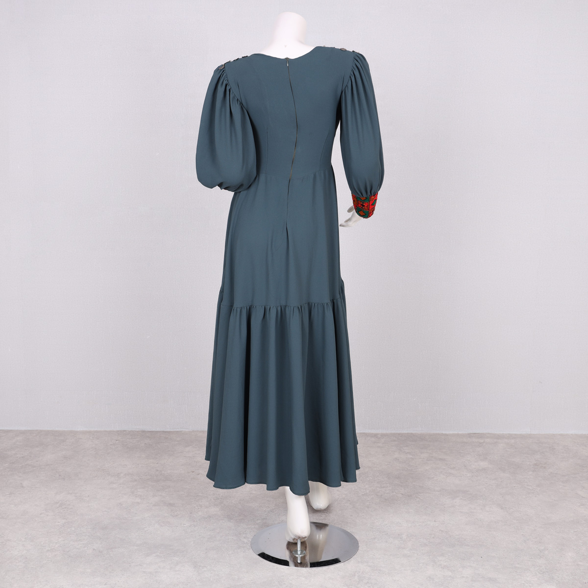 Drop Waisted Fancy Maxi | Stone Blue Embroidered Belted Frock