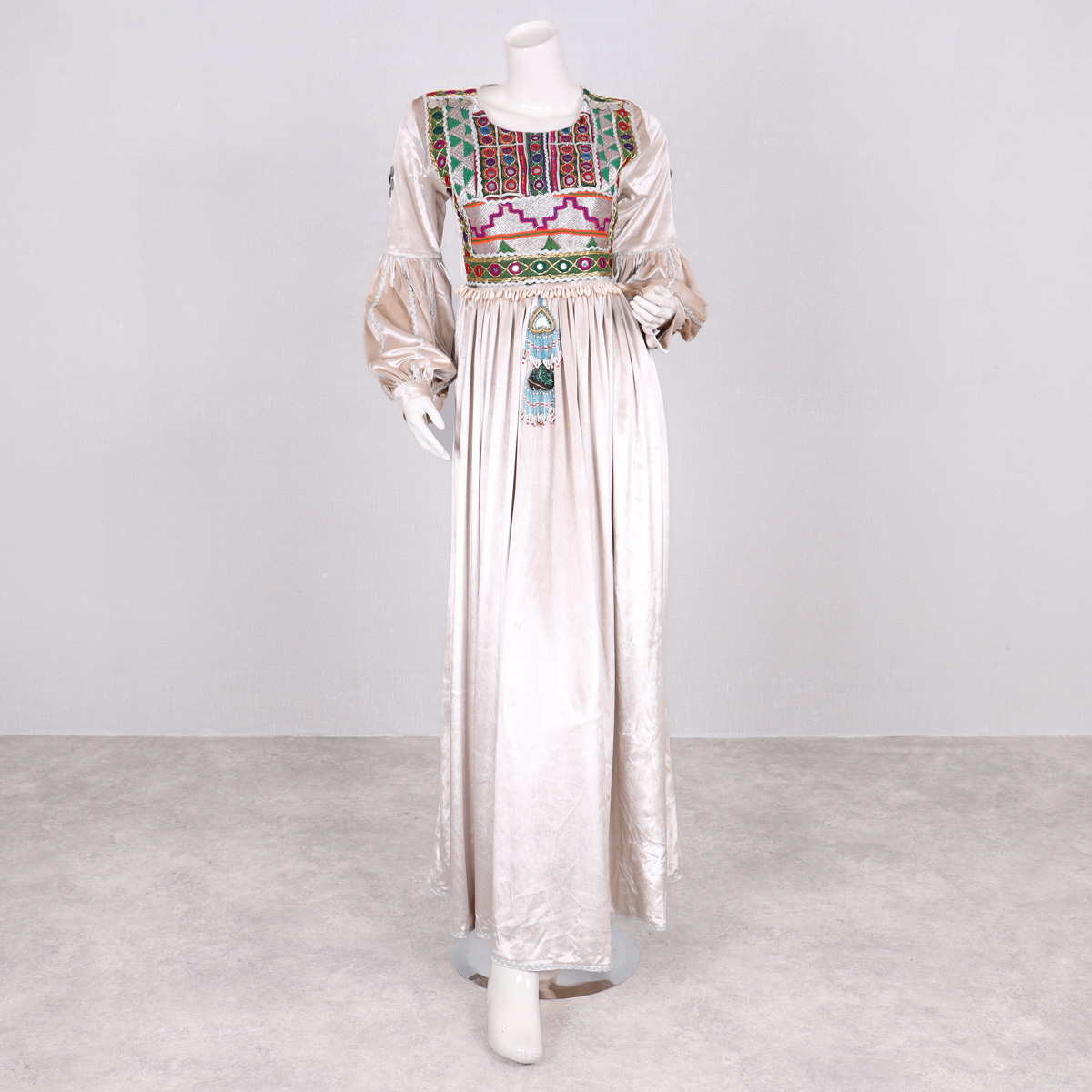 Off-White Pleated Velvet Afghan Dress | Mirror Embroidered Long Dress